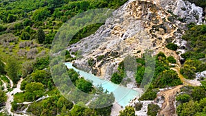 Aerial view of Bagno Vignoni natural pools along the hills, Tuscany