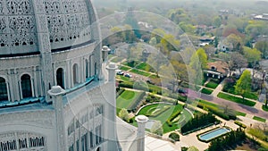 Aerial View of the Bahai House of Worship, Overhead shot of the Bahai House of Worship and its surrounding gardens in