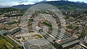 Aerial view of Bahnhof Luzern or Lucerne Main Station and many railroad tracks, Switzerland photo