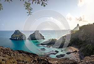 Aerial view of Baia dos Porcos, Morro Dois Irmaos and Morro do Pico - Fernando de Noronha, Pernambuco, Brazil