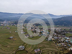 Aerial view of Baijnath City. Drone shot of Bageshwar district