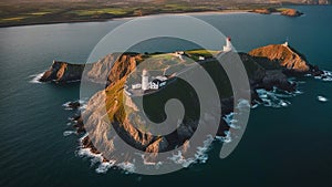 Aerial view. Baily lighthouse at sunrise. on the island