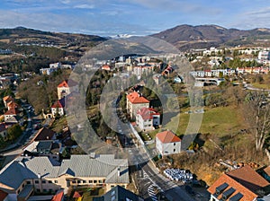 Aerial view of Bakossova street in Banska Bystrica during winter photo