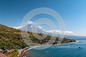 Aerial view of Bali with forested mountains at daylight, Indonesia