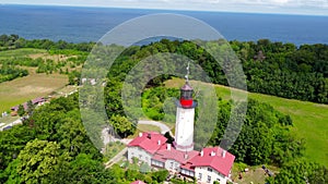 Aerial view on Baltic Sea lighthouse II in Rozewie village in Poland