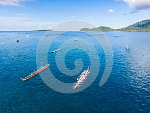 Aerial view Banda Islands Moluccas archipelago Indonesia, Kora Kora traditional canoe annuale race in Bandaneira