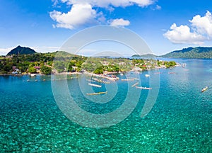 Aerial view Banda Islands Moluccas archipelago Indonesia, Pulau Gunung Api, Bandaneira village, coral reef caribbean sea. Kora