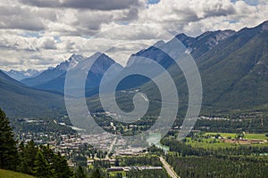 Aerial view of Banff. Mountains, town, rivers and lakes - Tourism Alberta, Canada