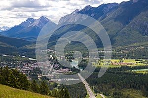 Aerial view of Banff. Mountains, town, rivers and lakes - Tourism Alberta, Canada Beautiful landscape