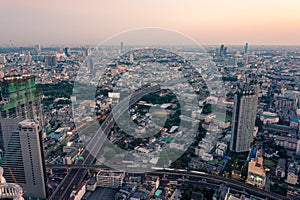 Aerial view of Bangkok capital city at sunset