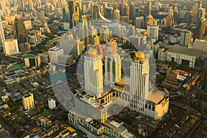 Aerial view Bangkok city business area during sunset