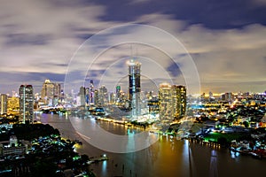 Aerial view Bangkok city night view Modern building condominium