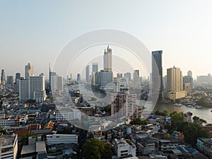 An aerial view of Bangkok downtown, Business city, Flying over Bangkok, Thailand.