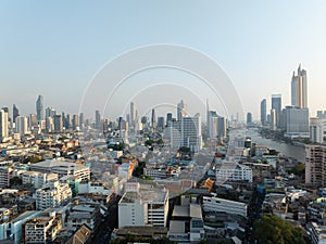 An aerial view of Bangkok downtown, Business city, Flying over Bangkok, Thailand.