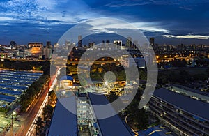 Aerial view of Bangkok skyline cityscape at twilight