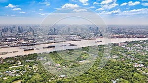 Aerial View of Bangkok skyline and view of Chao Phraya River Vie