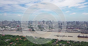 Aerial View of Bangkok skyline and view of Chao Phraya River View from green zone in Bang Krachao, Phra Pradaeng, Samut Prakan Pro