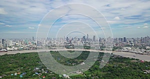 Aerial View of Bangkok skyline and view of Chao Phraya River View from green zone in Bang Krachao, Phra Pradaeng, Samut Prakan Pro