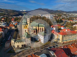 Aerial view of Banska Bystrica city castle during winter