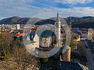Aerial view of Banska Bystrica city center with town castle during winter