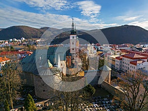 Aerial view of Banska Bystrica city center with town castle during winter