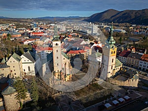 Aerial view of Banska Bystrica city center with town castle during winter