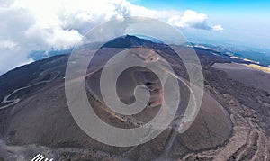 Aerial view of the Barbagallo crater with tourists and hikers on the Etna volcano in Sicily