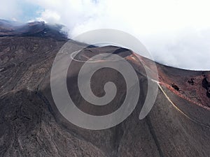 Aerial view of the Barbagallo crater with tourists and hikers on the Etna volcano in Sicily