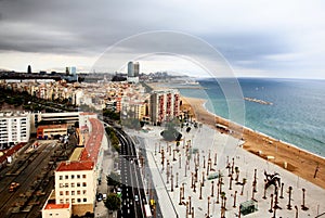 An aerial view of Barcelona City and harbor