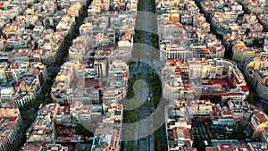 Aerial view of Barcelona city skyline, Passeig de Gracia and Eixample urban grid