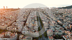 Aerial view of Barcelona city skyline, Passeig de Gracia and Eixample urban grid