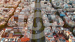 Aerial view of Barcelona city skyline, Passeig de Gracia and Eixample urban grid