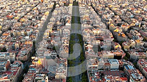 Aerial view of Barcelona city skyline, Passeig de Gracia and Eixample urban grid