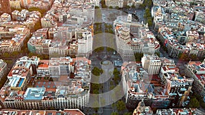 Aerial view of Barcelona city skyline, Passeig de Gracia and Eixample urban grid