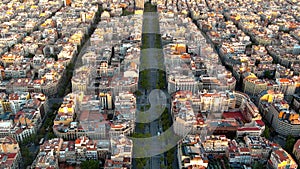 Aerial view of Barcelona city skyline, Passeig de Gracia and Eixample urban grid