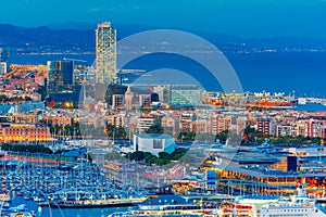 Aerial view Barcelona at night, Catalonia, Spain