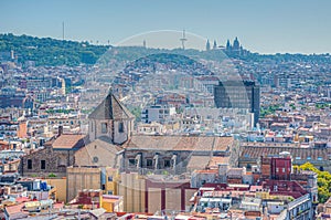 Aerial view of Barcelona with Sant Agusti parish church in Spain