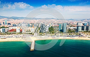 Aerial view of Barcelona from sea. Sant Marti district