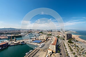 Aerial view of Barcelona Spain - Barceloneta beach and Port Vell