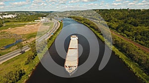 Aerial view:Barge on the river.