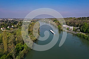 aerial view of a barge on the Seine in Seine et Marne