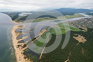 Aerial view of the Barguzin River flowing into Lake Baikal.