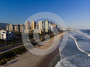 Aerial view of Barra da Tijuca beach during late afternoon. Rio de Janeiro, Brazil.