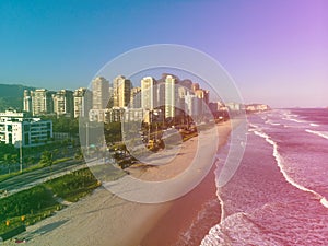 Aerial view of Barra da Tijuca beach during late afternoon. Rio de Janeiro, Brazil. Colored Light leak filter applied