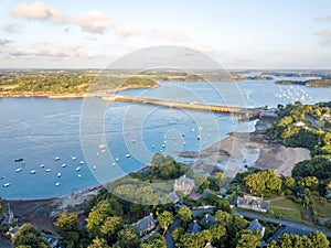 Aerial view on Barrage de la Rance in Brittany close to Saint Malo, Tidal energy at sunset