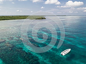 Aerial View of Barrier Reef and Small Boat in Belize