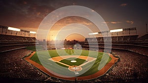 Aerial view of a baseball field at sunset. AI-generated.