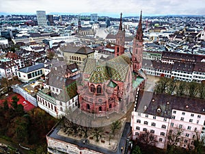 Aerial view of the Basel Cathedral with the city in the background, in Basel, Switzerland