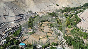 Aerial view of Basgo Village and  Basgo Monastery, also known as Basgo or Bazgo Gompa