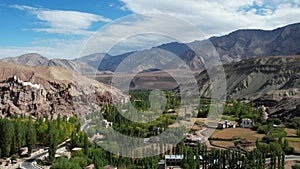 Aerial view of Basgo Village and  Basgo Monastery, also known as Basgo or Bazgo Gompa